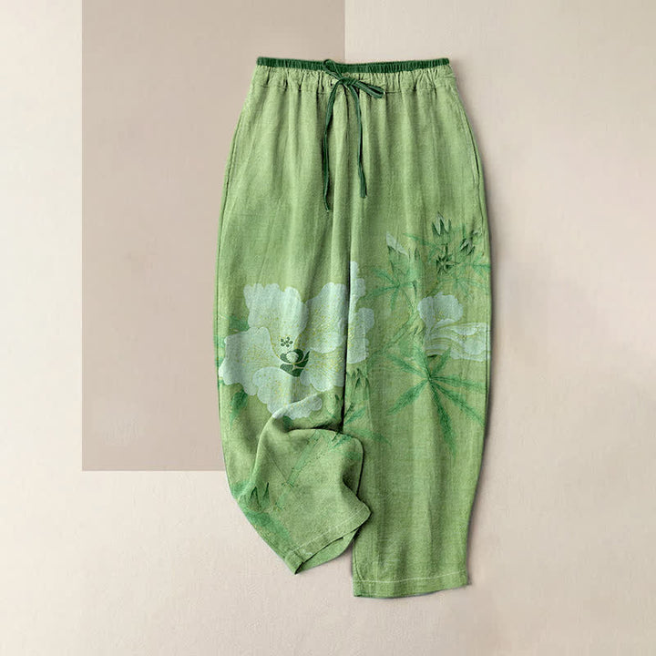 Buddha Stones Weiße Damenhose aus reiner Baumwolle mit Blumen- und Blättermuster, elastischem Bund und Taschen - Hellgrün - US16, UK/AU20, EU48 (3XL) - image 4