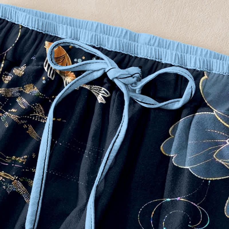 Buddha Stones Damenhose aus reiner Baumwolle mit Koi-Fisch- und Lotusmuster, elastischem Bund und Taschen - image 1