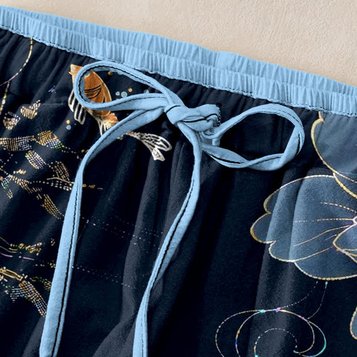 Buddha Stones Damenhose aus reiner Baumwolle mit Koi-Fisch- und Lotusmuster, elastischem Bund und Taschen - image 1