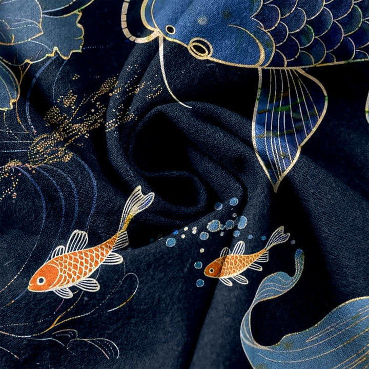 Buddha Stones Damenhose aus reiner Baumwolle mit Koi-Fisch- und Lotusmuster, elastischem Bund und Taschen - image 3