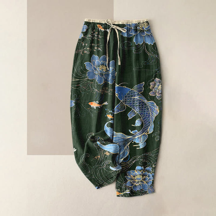 Buddha Stones Damenhose aus reiner Baumwolle mit Koi-Fisch- und Lotusmuster, elastischem Bund und Taschen - Dunkelgrün - US16, UK/AU20, EU48 (3XL) - image 4