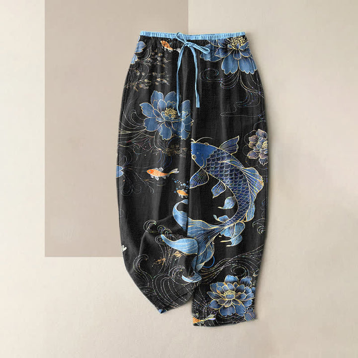 Buddha Stones Damenhose aus reiner Baumwolle mit Koi-Fisch- und Lotusmuster, elastischem Bund und Taschen - Schwarz - US16, UK/AU20, EU48 (3XL) - image 5