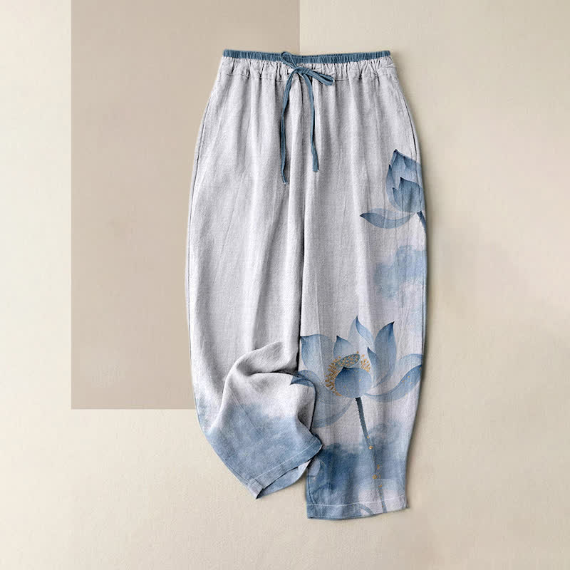 Buddha Stones Damenhose aus reiner Baumwolle mit Lotus-Tintenmuster, elastischem Bund und Taschen - Hellblau - US16, UK/AU20, EU48 (3XL) - image 0