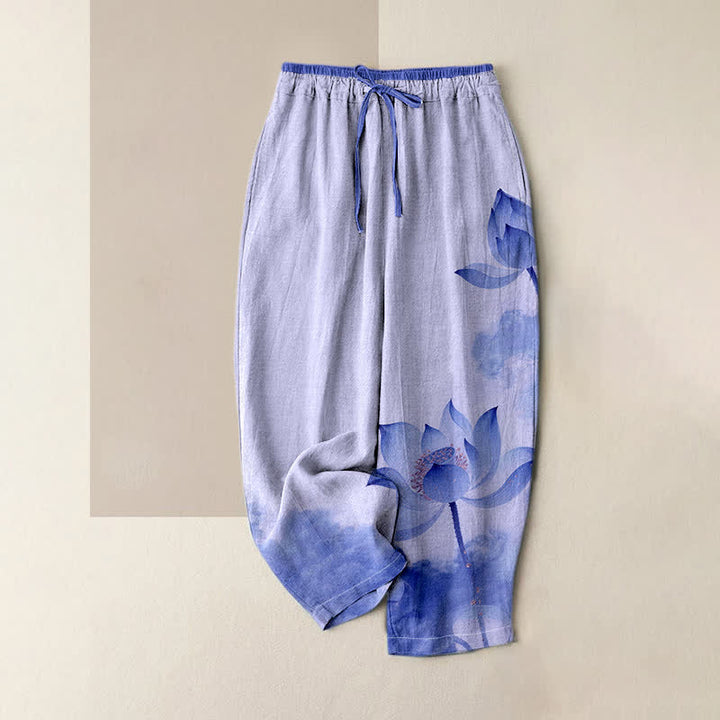Buddha Stones Damenhose aus reiner Baumwolle mit Lotus-Tintenmuster, elastischem Bund und Taschen - Mittelschieferblau - US16, UK/AU20, EU48 (3XL) - image 3