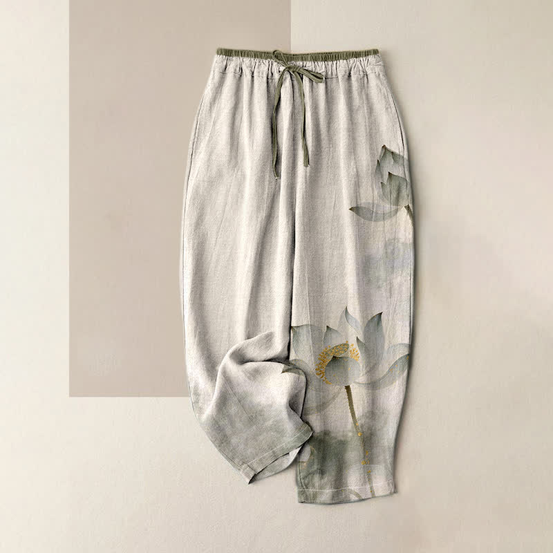 Buddha Stones Damenhose aus reiner Baumwolle mit Lotus-Tintenmuster, elastischem Bund und Taschen - Leinen - US16, UK/AU20, EU48 (3XL) - image 4