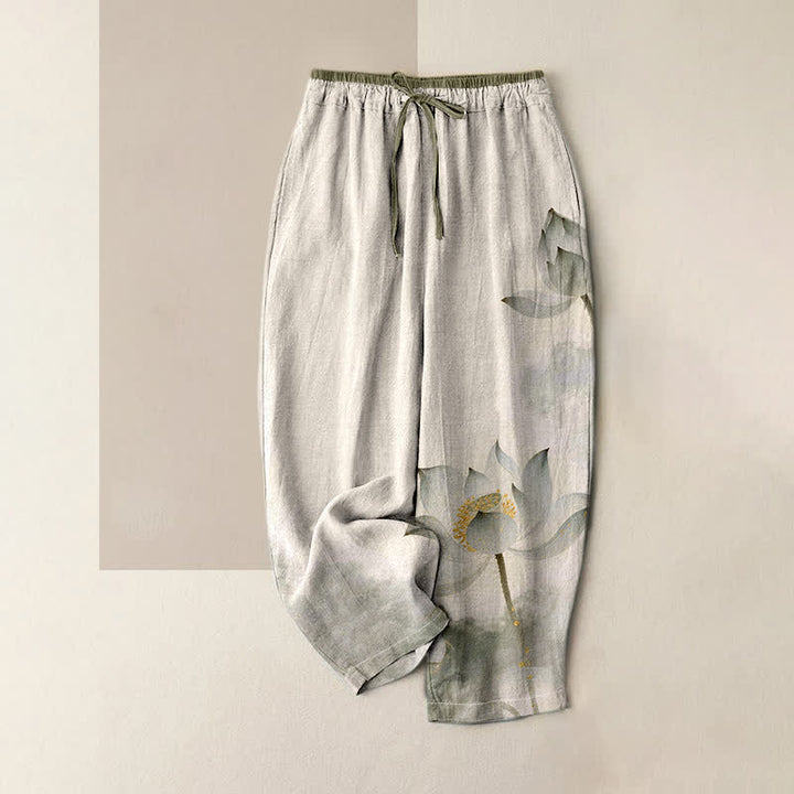Buddha Stones Damenhose aus reiner Baumwolle mit Lotus-Tintenmuster, elastischem Bund und Taschen - Leinen - US16, UK/AU20, EU48 (3XL) - image 4