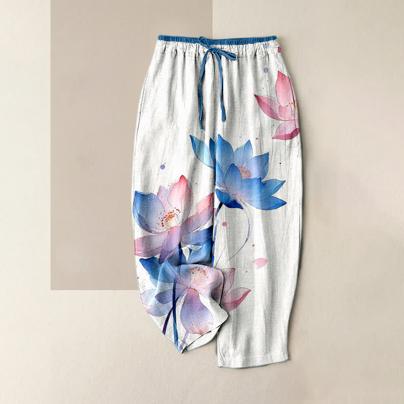 Buddha Stones Damenhose aus reiner Baumwolle mit Aquarell-Lotusmuster, elastischem Bund und Taschen - Weiß - US16, UK/AU20, EU48 (3XL) - image 0