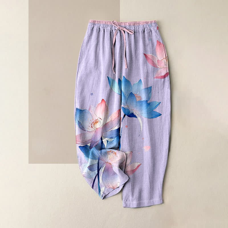 Buddha Stones Damenhose aus reiner Baumwolle mit Aquarell-Lotusmuster, elastischem Bund und Taschen - Lavendel - US16, UK/AU20, EU48 (3XL) - image 3