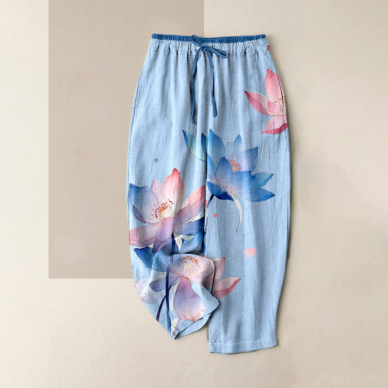Buddha Stones Damenhose aus reiner Baumwolle mit Aquarell-Lotusmuster, elastischem Bund und Taschen - Hellblau - US16, UK/AU20, EU48 (3XL) - image 4