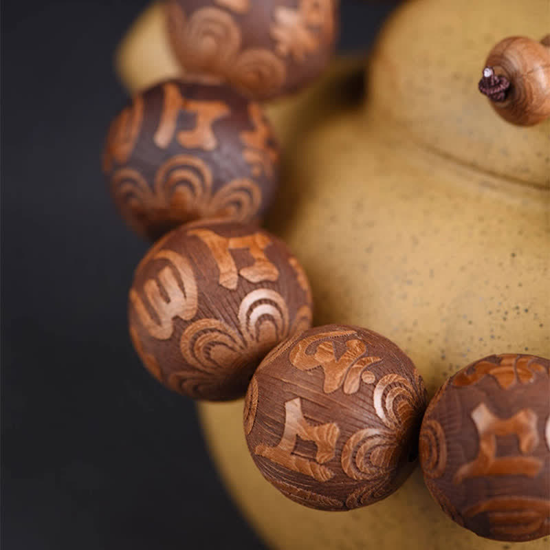 Buddha Stones Armband aus natürlichem Abelia Biflora-Holz mit Herz-Sutra Om Mani Padme Hum - image 2