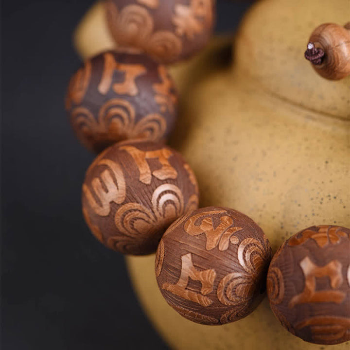 Buddha Stones Armband aus natürlichem Abelia Biflora-Holz mit Herz-Sutra Om Mani Padme Hum - image 2