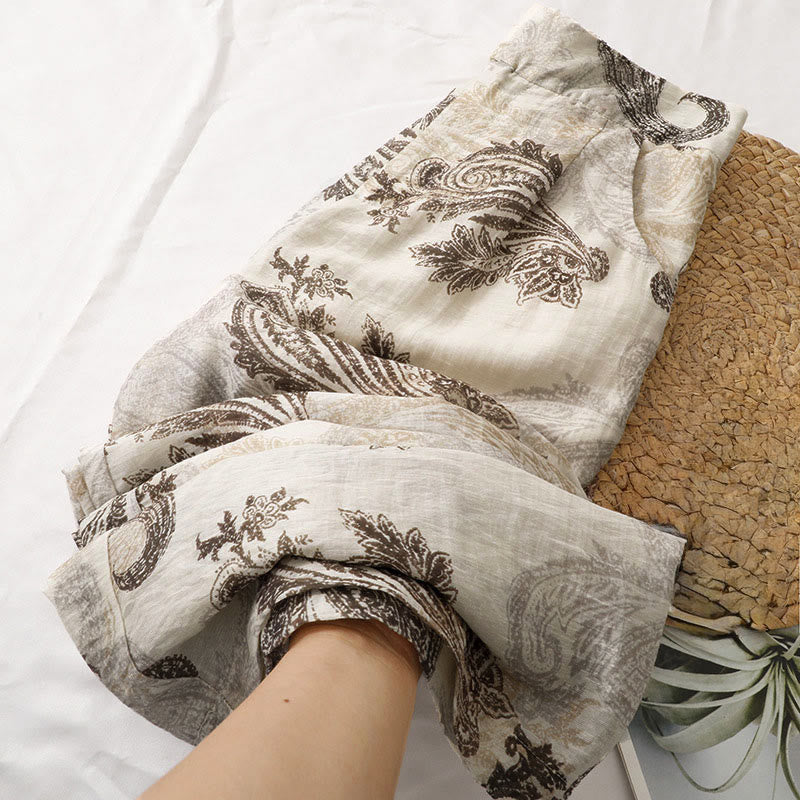 Buddha Stones Sommerliche Boho-Freizeithose mit Paisley-Muster, Reißverschluss, Knöchelbreite, geradem Bein und Taschen für Damen - image 3