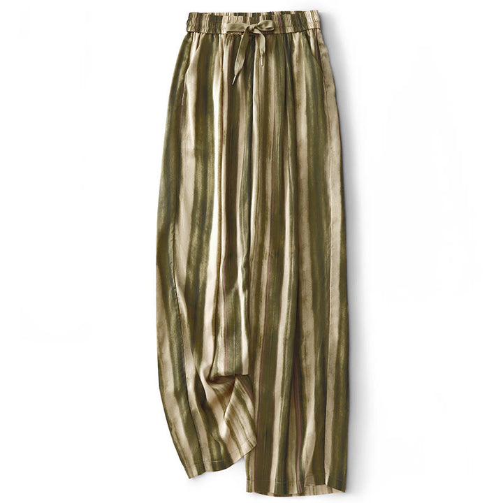 Buddha Stones Sommerliche, lässig-elegante lange Hose mit Kordelzug, vertikalen Streifen, geradem Bein und Taschen für Damen - Dunkelkhaki - US8-10, UK/AU12-14, EU40-42 (2XL) - image 0
