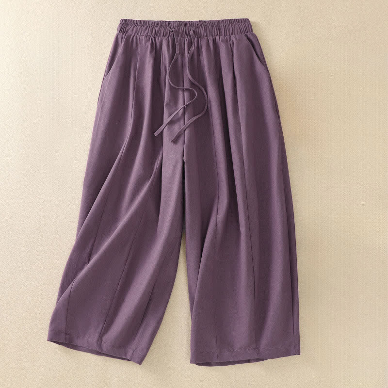 Buddha Stones Lässige, minimalistische, einfarbige Damen-Cropped-Hose mit Kordelzug und Taschen für den Sommer - Pflaume - US12, UK/AU16, EU44 (2XL) - image 9