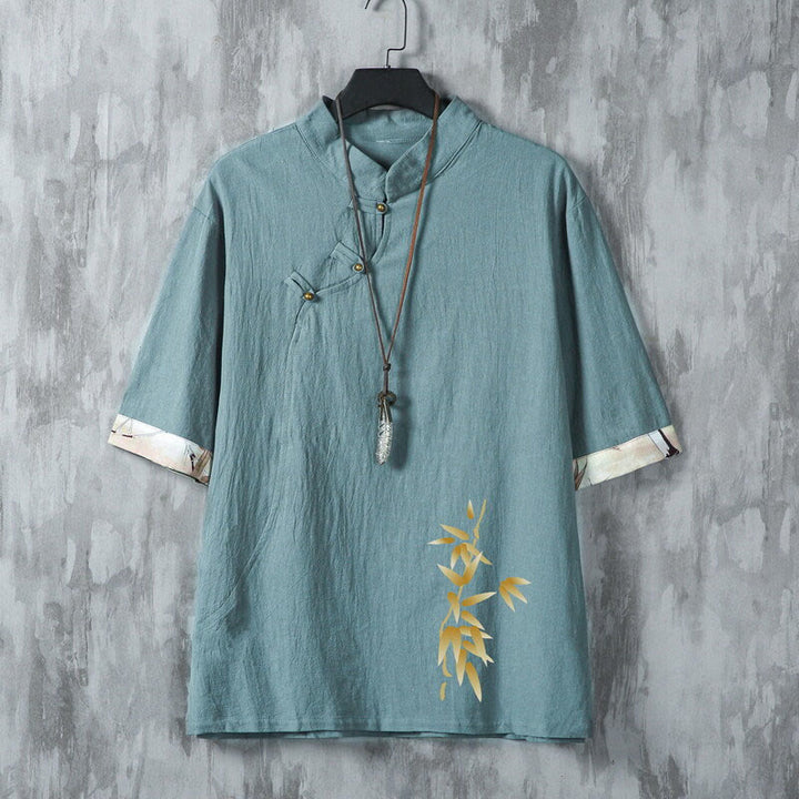 Buddha Stones Sommerliches Tang Style Casual Herren Kurzarmhemd mit Froschknopfleiste aus Bambus - Kadettenblau - US/ UK/AU46, EU56 (5XL) - image 0