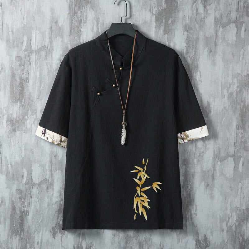Buddha Stones Sommerliches Tang Style Casual Herren Kurzarmhemd mit Froschknopfleiste aus Bambus - Schwarz - US/ UK/AU46, EU56 (5XL) - image 1