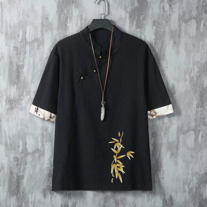 Buddha Stones Sommerliches Tang Style Casual Herren Kurzarmhemd mit Froschknopfleiste aus Bambus - Schwarz - US/ UK/AU46, EU56 (5XL) - image 1