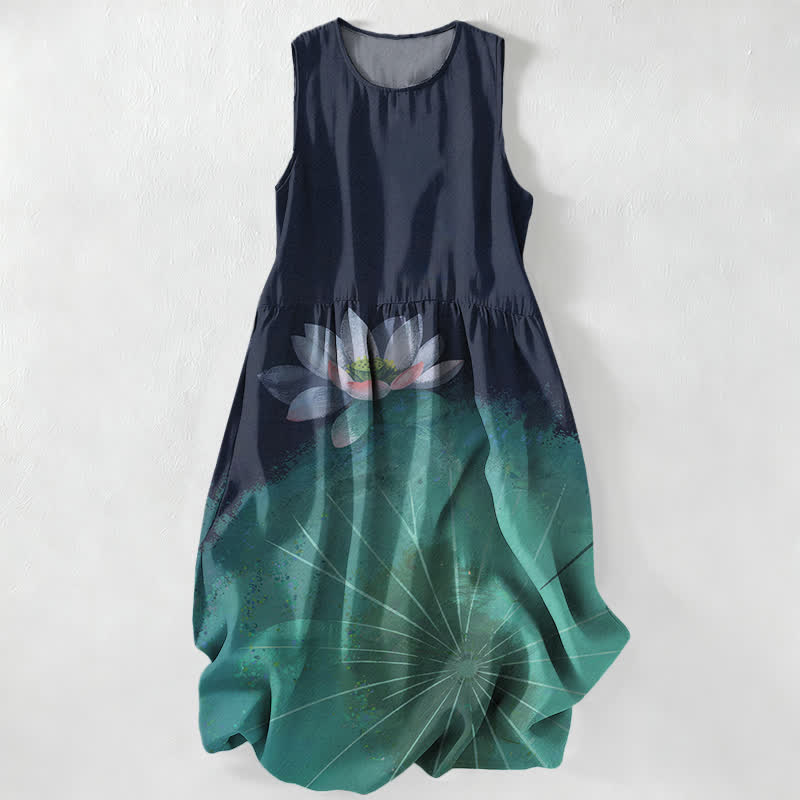 Buddha Stones Lässiges Sommerkleid für Damen mit Lotus-Teich-Muster, ärmellos, Midi-Länge und Taschen - image 0