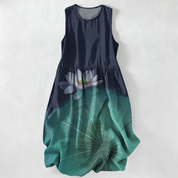 Buddha Stones Lässiges Sommerkleid für Damen mit Lotus-Teich-Muster, ärmellos, Midi-Länge und Taschen - image 0