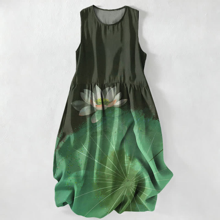 Buddha Stones Lässiges Sommerkleid für Damen mit Lotus-Teich-Muster, ärmellos, Midi-Länge und Taschen - image 4