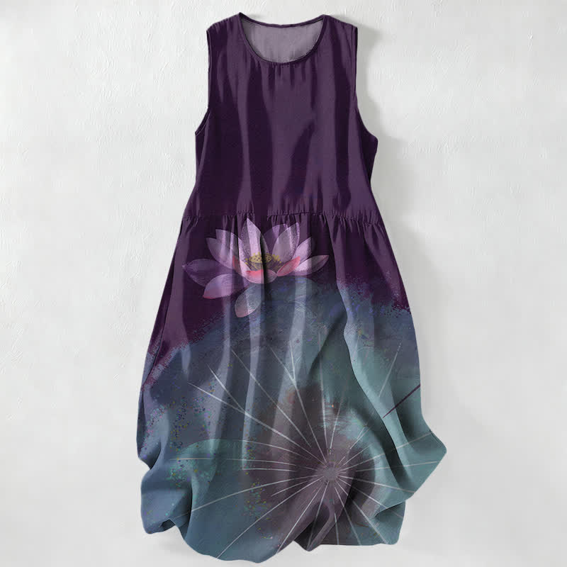 Buddha Stones Lässiges Sommerkleid für Damen mit Lotus-Teich-Muster, ärmellos, Midi-Länge und Taschen - image 5