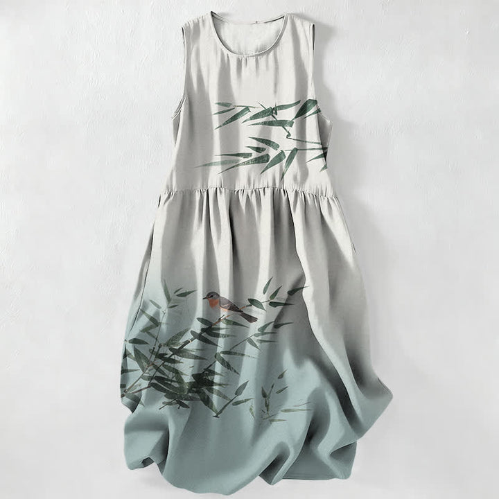 Buddha Stones Lässiges Sommerkleid für Damen mit Bambus-Vogelmuster, ärmellos, Midi-Länge und Taschen - AliceBlue - US16, UK/AU20, EU48 (3XL) - image 0