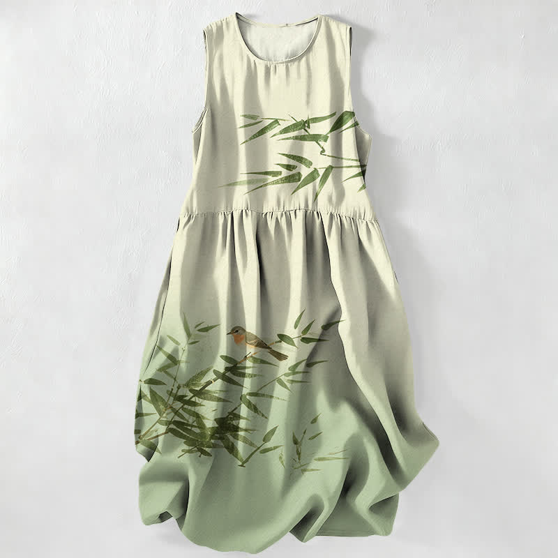 Buddha Stones Lässiges Sommerkleid für Damen mit Bambus-Vogelmuster, ärmellos, Midi-Länge und Taschen - Hellgrün - US16, UK/AU20, EU48 (3XL) - image 5