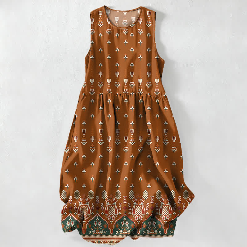 Buddha Stones Sommerliches, lässiges, ärmelloses Midikleid für Damen mit Taschen im Boho-Stil mit geometrischem Blumenmuster und Bordüre - Peru - US16, UK/AU20, EU48 (3XL) - image 0