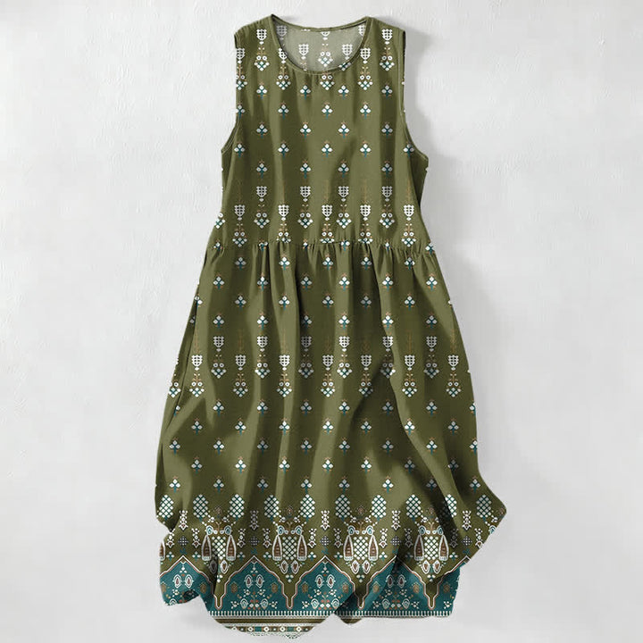 Buddha Stones Sommerliches, lässiges, ärmelloses Midikleid für Damen mit Taschen im Boho-Stil mit geometrischem Blumenmuster und Bordüre - Olive - US16, UK/AU20, EU48 (3XL) - image 4