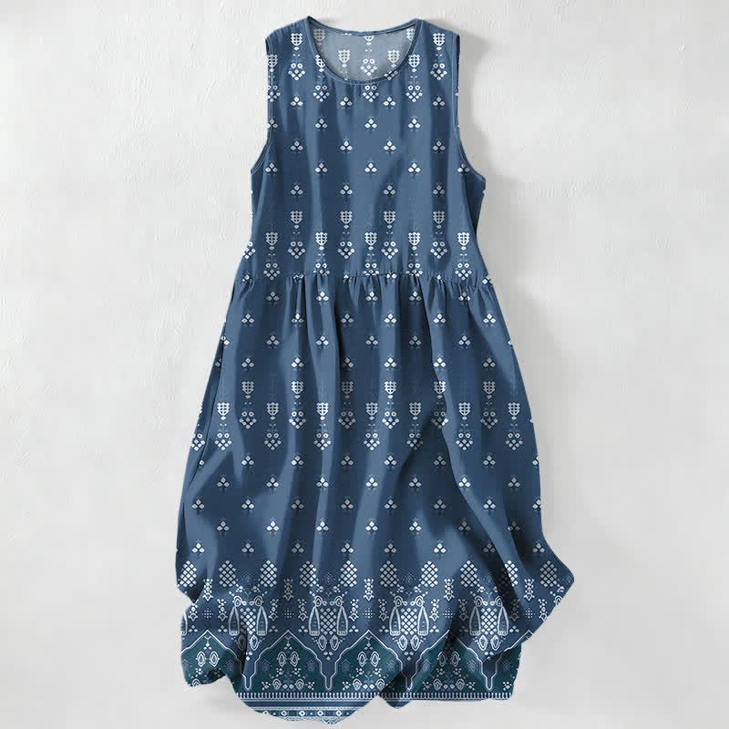 Buddha Stones Sommerliches, lässiges, ärmelloses Midikleid für Damen mit Taschen im Boho-Stil mit geometrischem Blumenmuster und Bordüre - SteelBlue - US16, UK/AU20, EU48 (3XL) - image 5