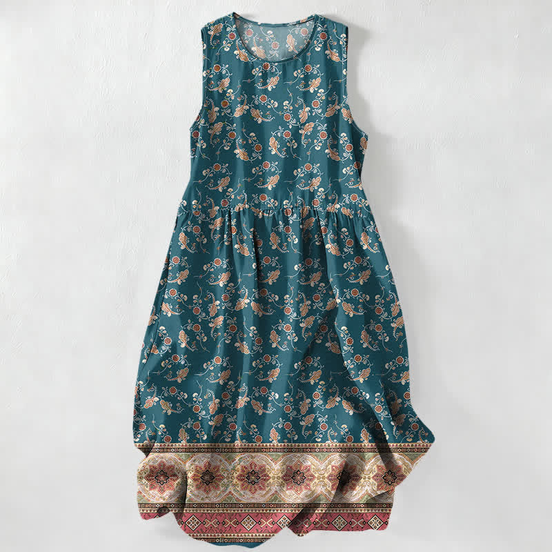 Buddha Stones Lässiges, sommerliches, ärmelloses Midikleid für Damen mit floralem Rankenmuster und Taschen - Türkis - US16, UK/AU20, EU48 (3XL) - image 0