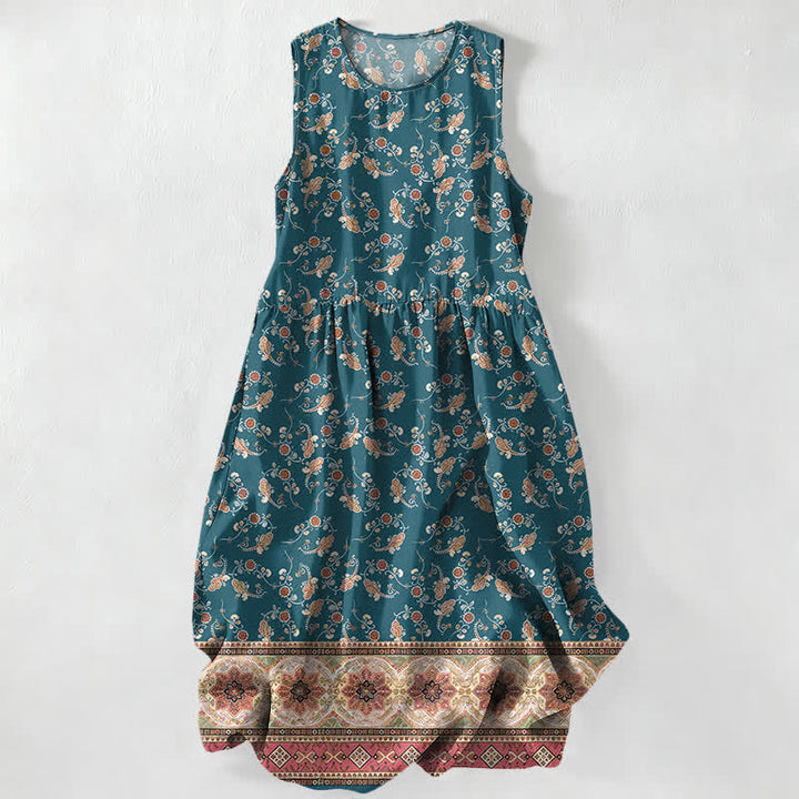 Buddha Stones Lässiges, sommerliches, ärmelloses Midikleid für Damen mit floralem Rankenmuster und Taschen - Türkis - US16, UK/AU20, EU48 (3XL) - image 0