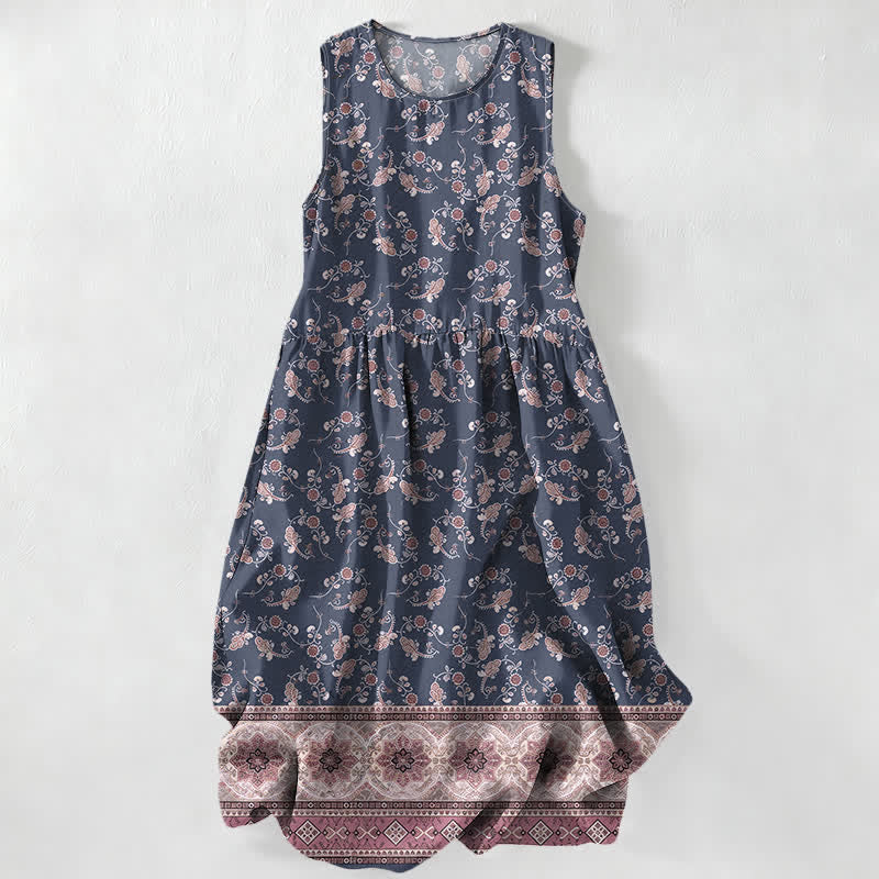 Buddha Stones Lässiges, sommerliches, ärmelloses Midikleid für Damen mit floralem Rankenmuster und Taschen - Schiefergrau - US16, UK/AU20, EU48 (3XL) - image 4