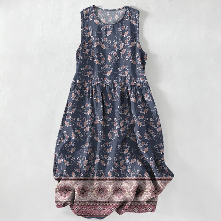 Buddha Stones Lässiges, sommerliches, ärmelloses Midikleid für Damen mit floralem Rankenmuster und Taschen - Schiefergrau - US16, UK/AU20, EU48 (3XL) - image 4
