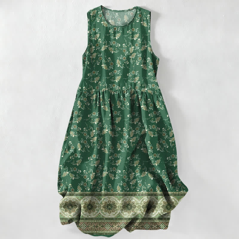 Buddha Stones Lässiges, sommerliches, ärmelloses Midikleid für Damen mit floralem Rankenmuster und Taschen - Waldgrün - US16, UK/AU20, EU48 (3XL) - image 5