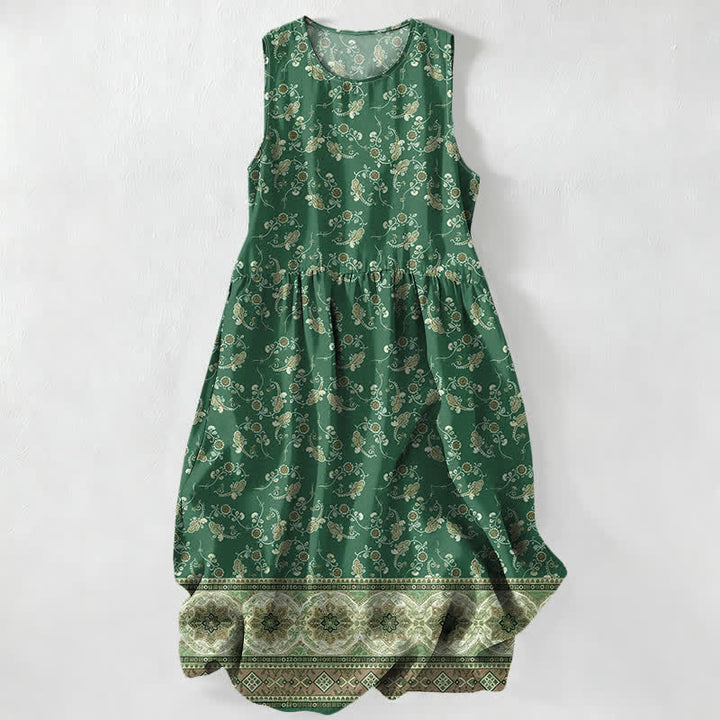 Buddha Stones Lässiges, sommerliches, ärmelloses Midikleid für Damen mit floralem Rankenmuster und Taschen - Waldgrün - US16, UK/AU20, EU48 (3XL) - image 5