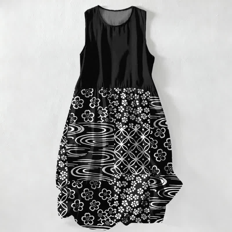 Buddha Stones Lässiges, sommerliches, ärmelloses Midikleid für Damen mit floralem Patchwork-Muster und Taschen - Schwarz - US16, UK/AU20, EU48 (3XL) - image 0