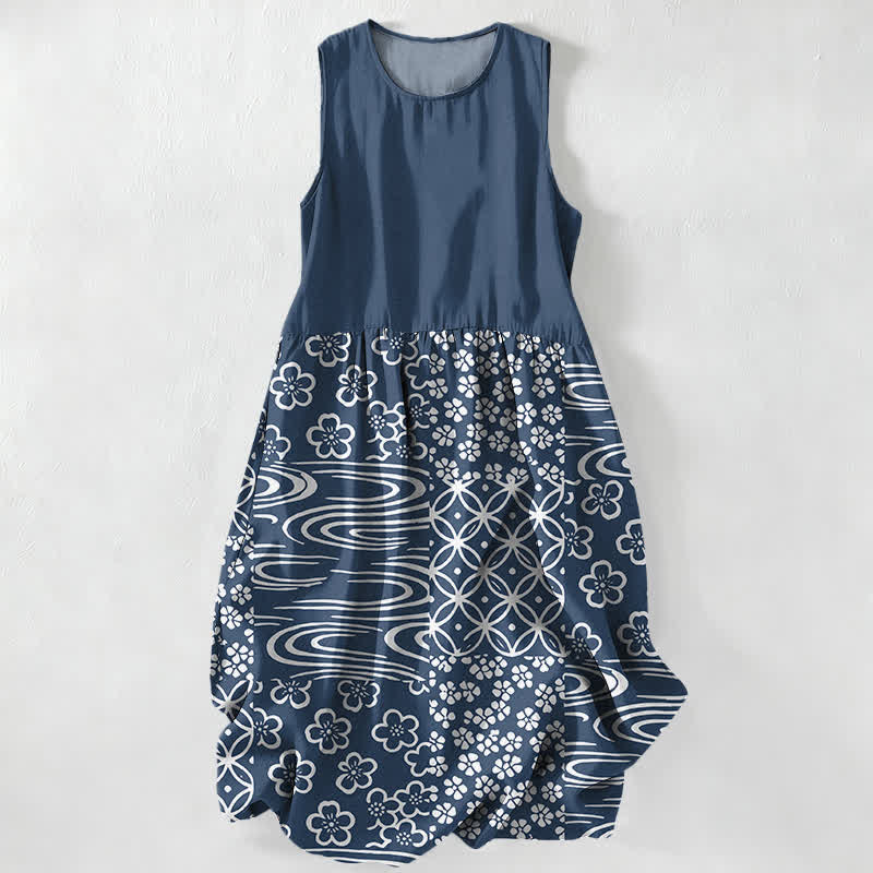 Buddha Stones Lässiges, sommerliches, ärmelloses Midikleid für Damen mit floralem Patchwork-Muster und Taschen - Marine - US16, UK/AU20, EU48 (3XL) - image 4