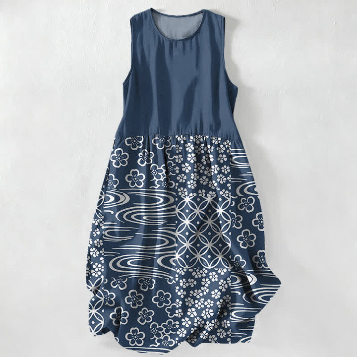 Buddha Stones Lässiges, sommerliches, ärmelloses Midikleid für Damen mit floralem Patchwork-Muster und Taschen - Marine - US16, UK/AU20, EU48 (3XL) - image 4