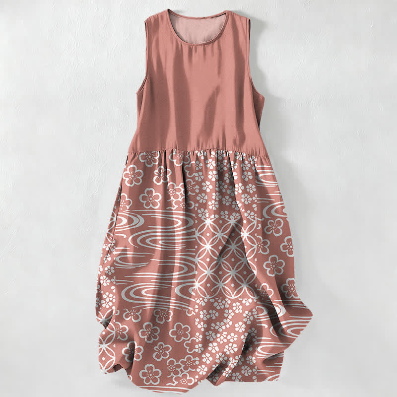Buddha Stones Lässiges, sommerliches, ärmelloses Midikleid für Damen mit floralem Patchwork-Muster und Taschen - Hellkoralle - US16, UK/AU20, EU48 (3XL) - image 5