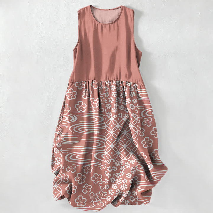 Buddha Stones Lässiges, sommerliches, ärmelloses Midikleid für Damen mit floralem Patchwork-Muster und Taschen - Hellkoralle - US16, UK/AU20, EU48 (3XL) - image 5