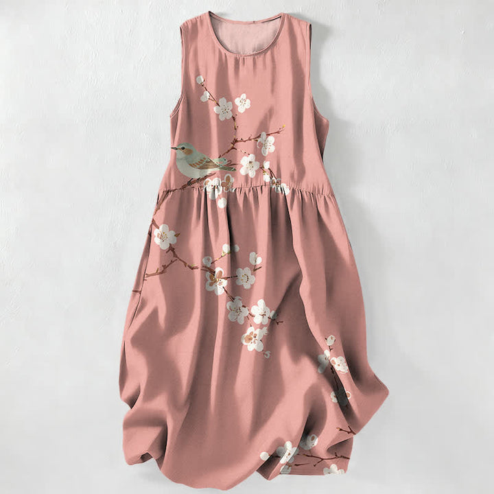 Buddha Stones Lässiges, sommerliches, ärmelloses Midikleid für Damen mit Blüten-, Vogel- und Zweigmuster und Taschen - Hellrosa - US16, UK/AU20, EU48 (3XL) - image 0