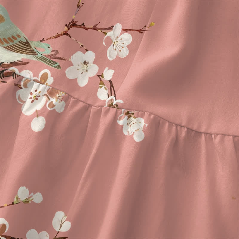 Buddha Stones Lässiges, sommerliches, ärmelloses Midikleid für Damen mit Blüten-, Vogel- und Zweigmuster und Taschen - image 1