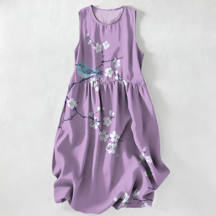 Buddha Stones Lässiges, sommerliches, ärmelloses Midikleid für Damen mit Blüten-, Vogel- und Zweigmuster und Taschen - Lavendel - US16, UK/AU20, EU48 (3XL) - image 5