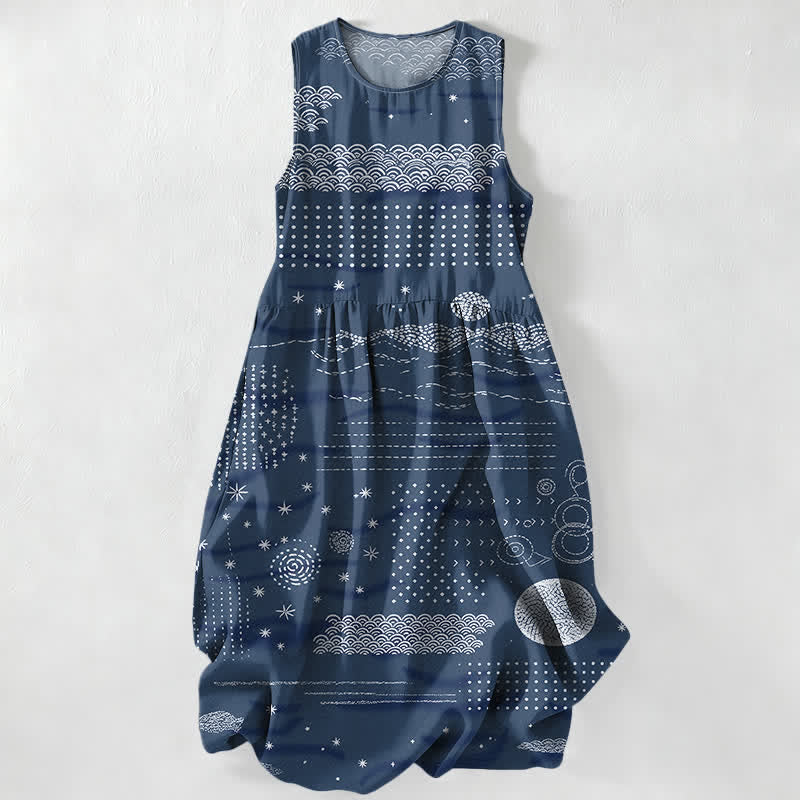 Buddha Stones Lässiges, sommerliches, ärmelloses Midikleid für Damen mit Taschen und himmlischem geometrischem Wellenmuster - Marine - US16, UK/AU20, EU48 (3XL) - image 0