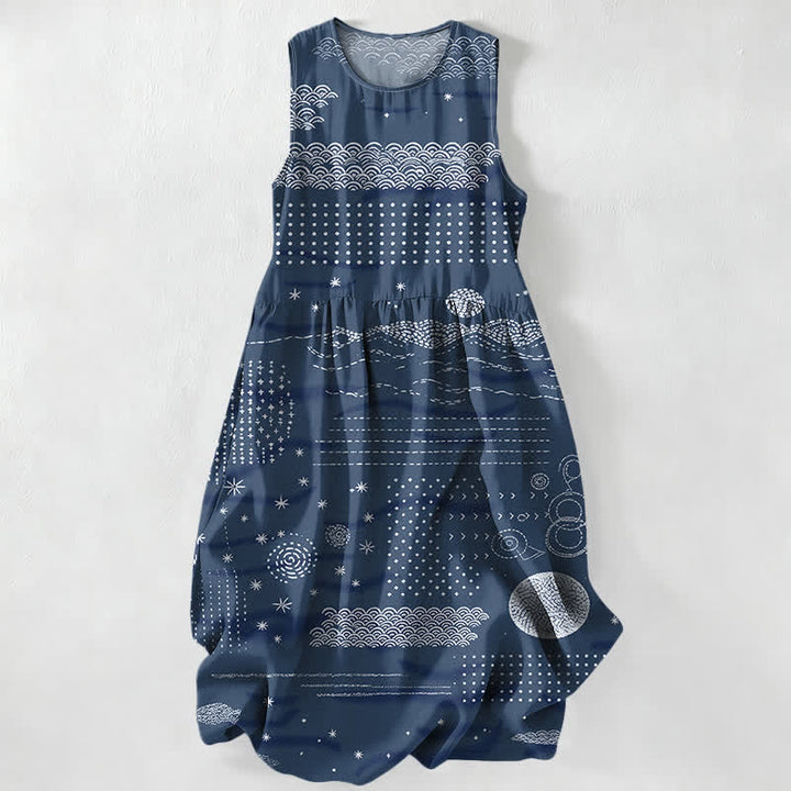 Buddha Stones Lässiges, sommerliches, ärmelloses Midikleid für Damen mit Taschen und himmlischem geometrischem Wellenmuster - Marine - US16, UK/AU20, EU48 (3XL) - image 0