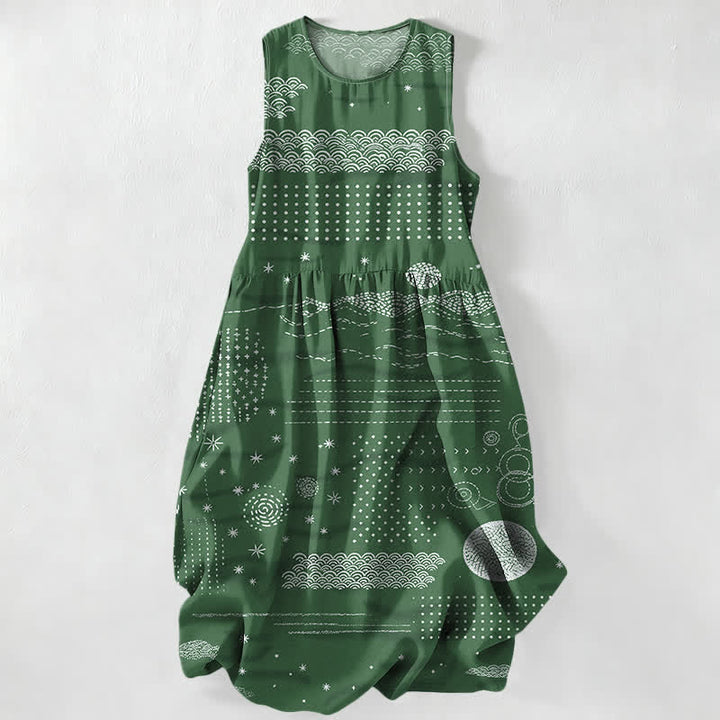 Buddha Stones Lässiges, sommerliches, ärmelloses Midikleid für Damen mit Taschen und himmlischem geometrischem Wellenmuster - Waldgrün - US16, UK/AU20, EU48 (3XL) - image 4