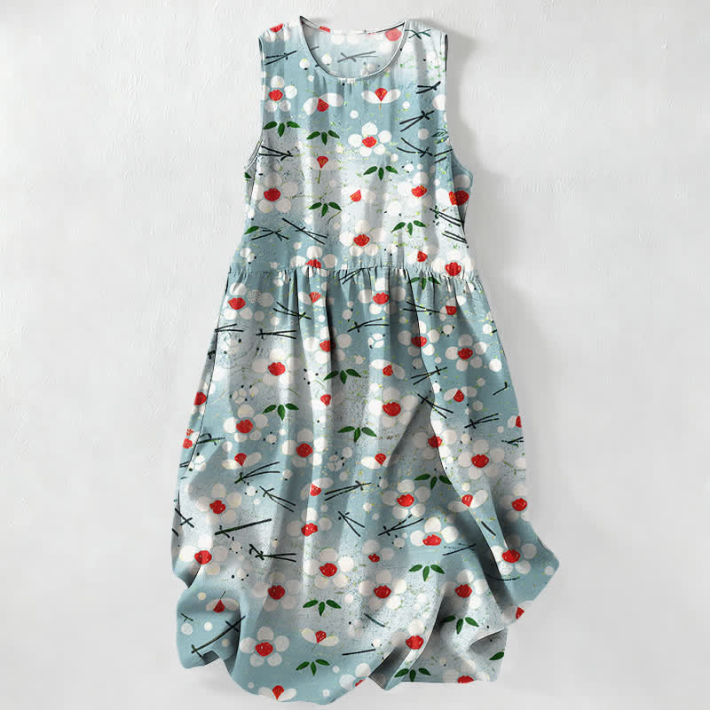 Buddha Stones Lässiges, sommerliches, ärmelloses Midikleid für Damen mit Wildblumen-, Beeren- und Zweigmuster und Taschen - Helltürkis - US16, UK/AU20, EU48 (3XL) - image 0