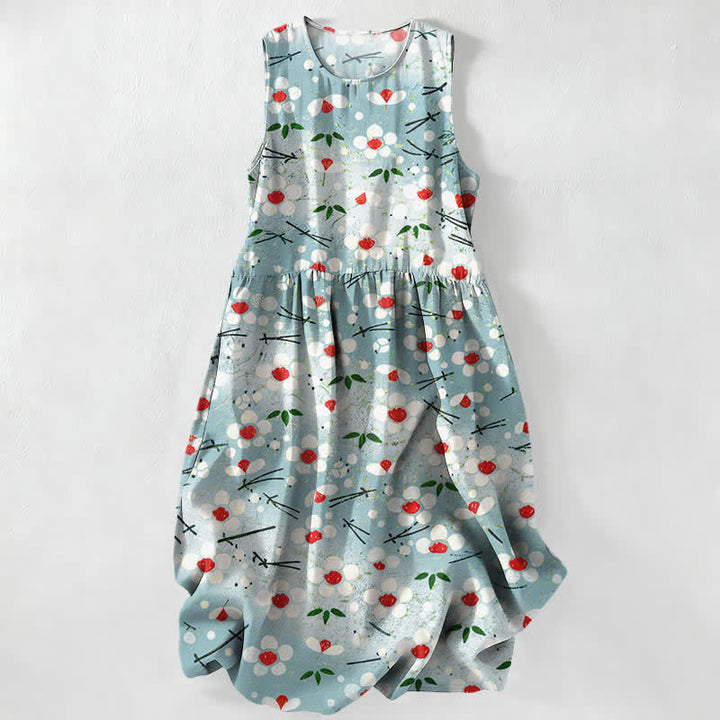 Buddha Stones Lässiges, sommerliches, ärmelloses Midikleid für Damen mit Wildblumen-, Beeren- und Zweigmuster und Taschen - Helltürkis - US16, UK/AU20, EU48 (3XL) - image 0