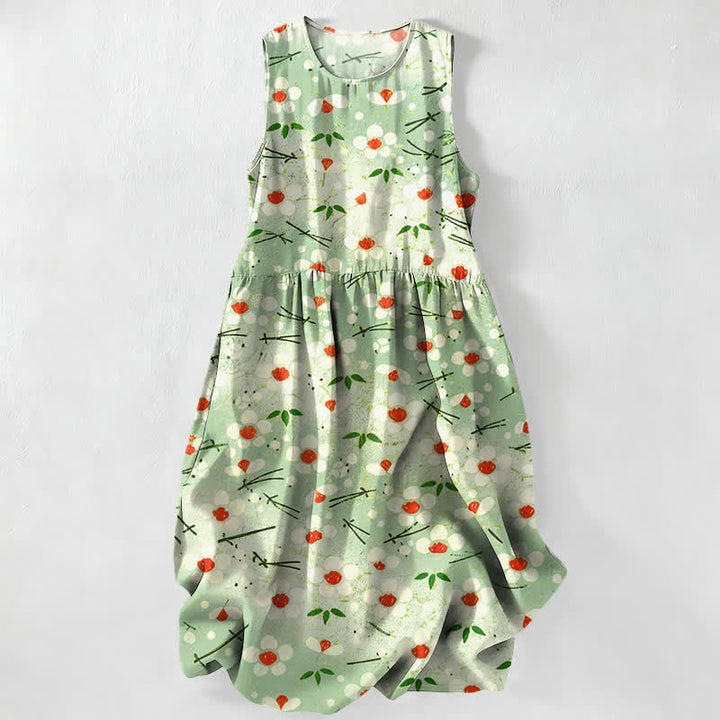 Buddha Stones Lässiges, sommerliches, ärmelloses Midikleid für Damen mit Wildblumen-, Beeren- und Zweigmuster und Taschen - Hellgrün - US16, UK/AU20, EU48 (3XL) - image 4